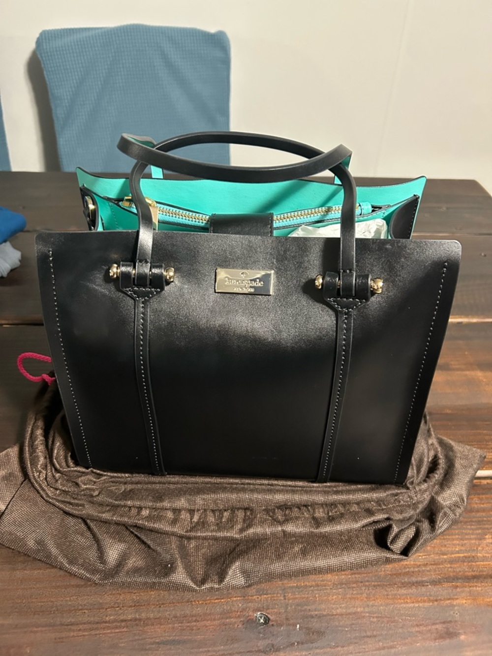 kate spade Black Leather Tote with Turquoise Interior